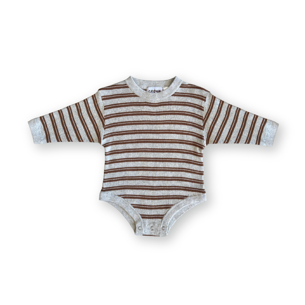 Grown Ribbed Stripe Romper - Grey Marle/Brown