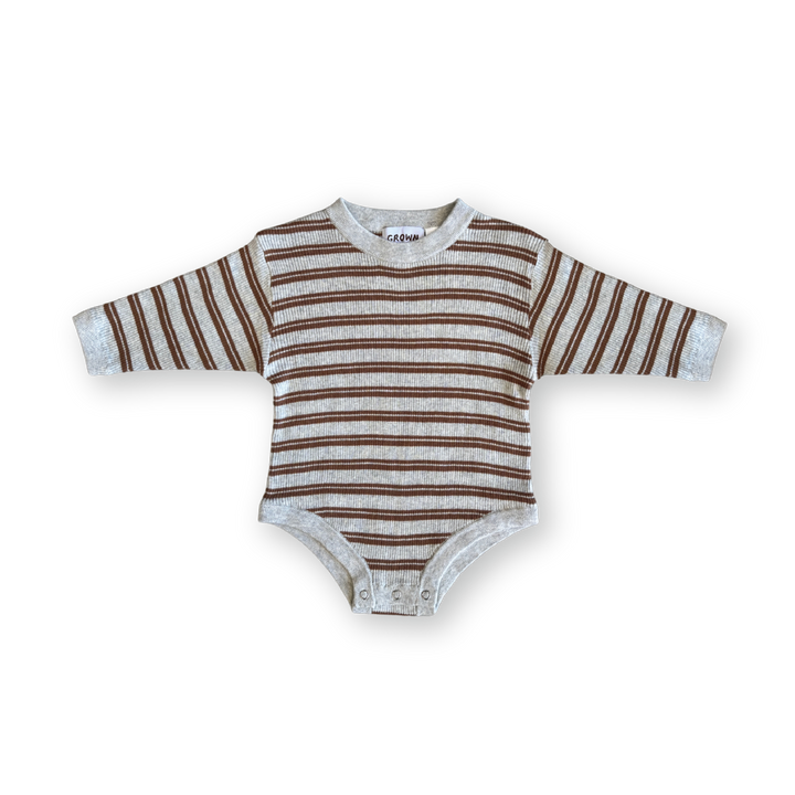 Grown Ribbed Stripe Romper - Grey Marle/Brown