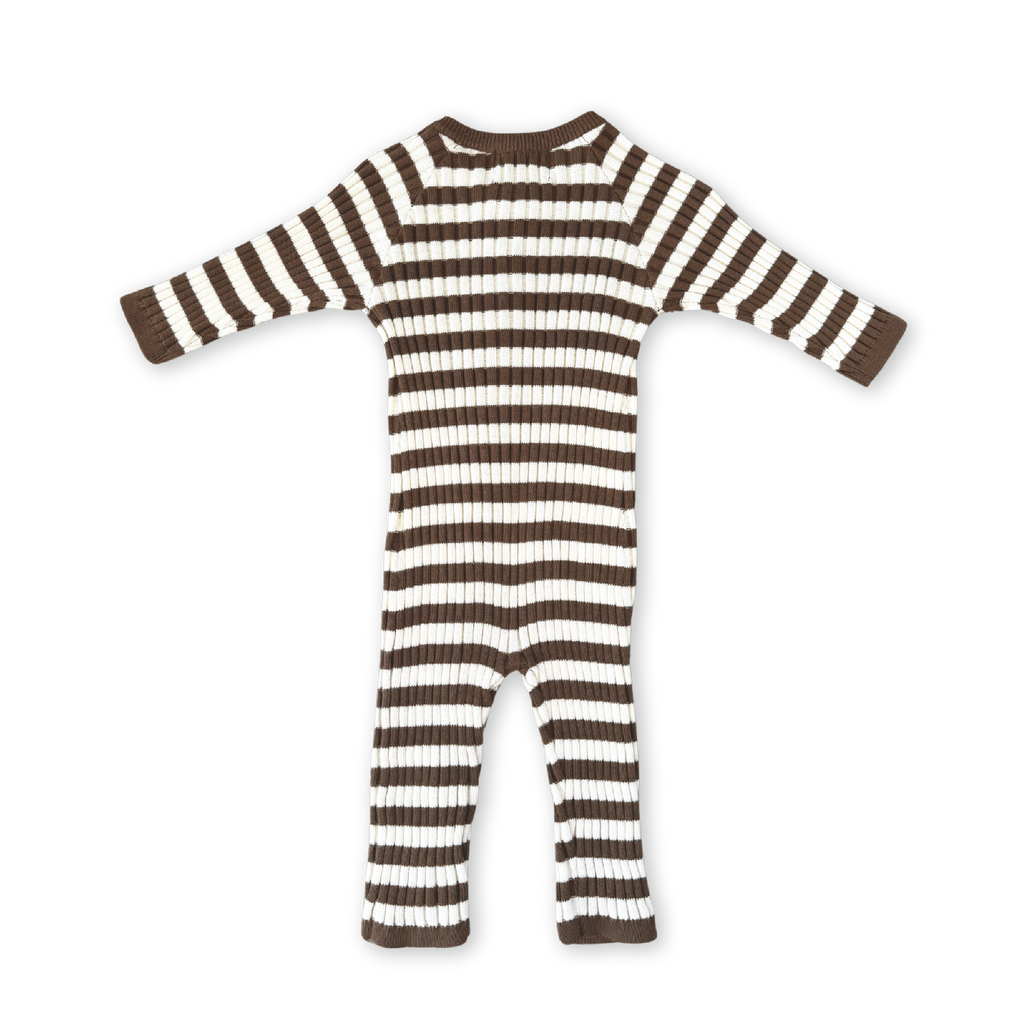 Organic Rib Stripe Knit Zipper Jumpsuit - Espresso & Milk