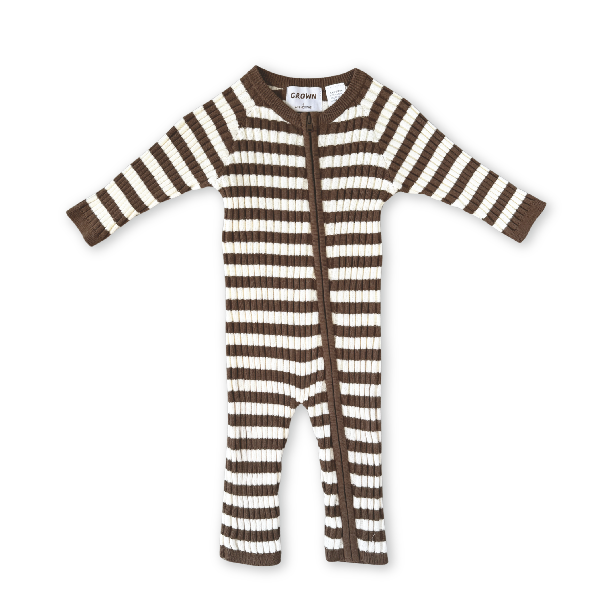 Organic Rib Stripe Knit Zipper Jumpsuit - Espresso & Milk