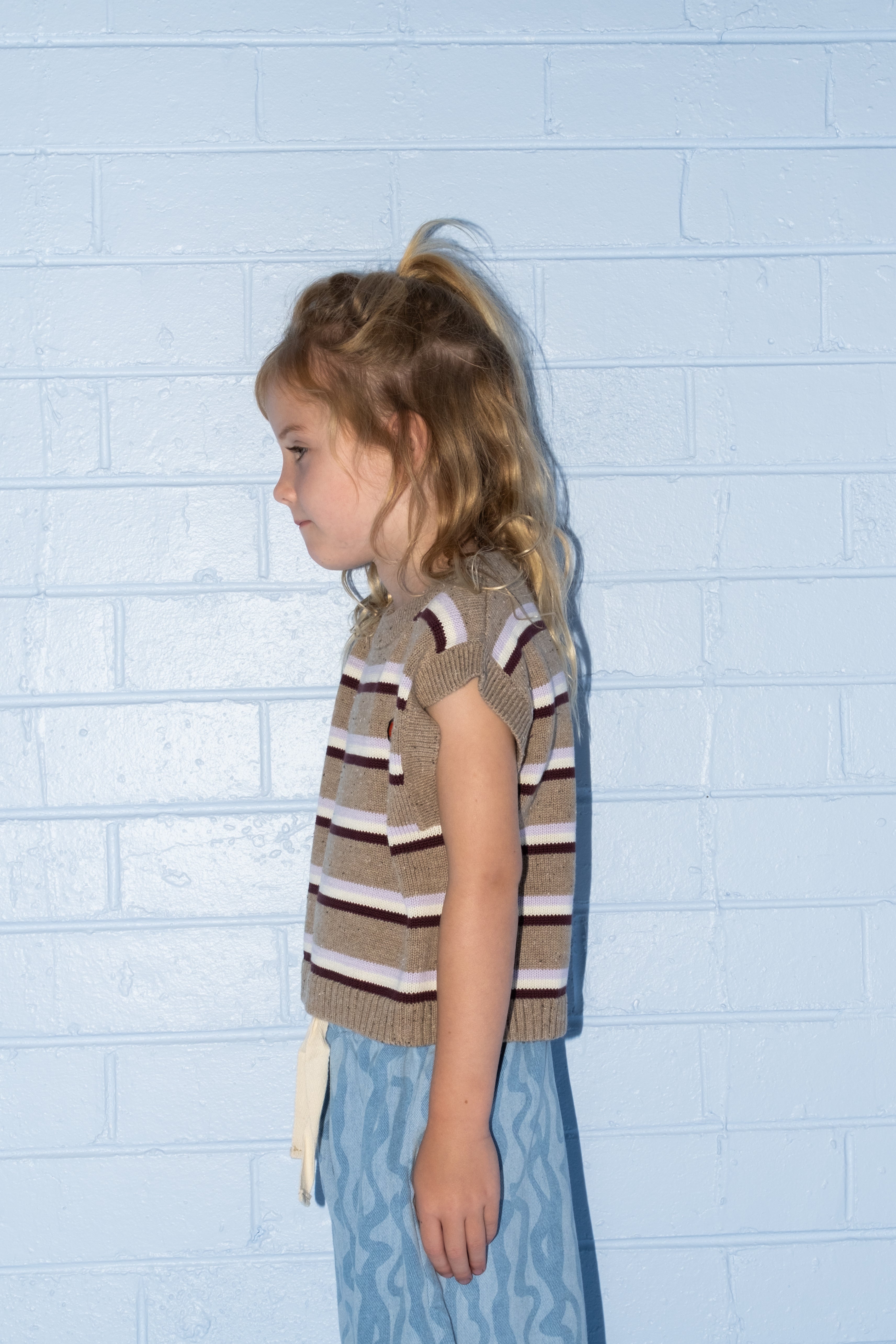 Organic Stripe Apple Knit Vest - Oatmilk