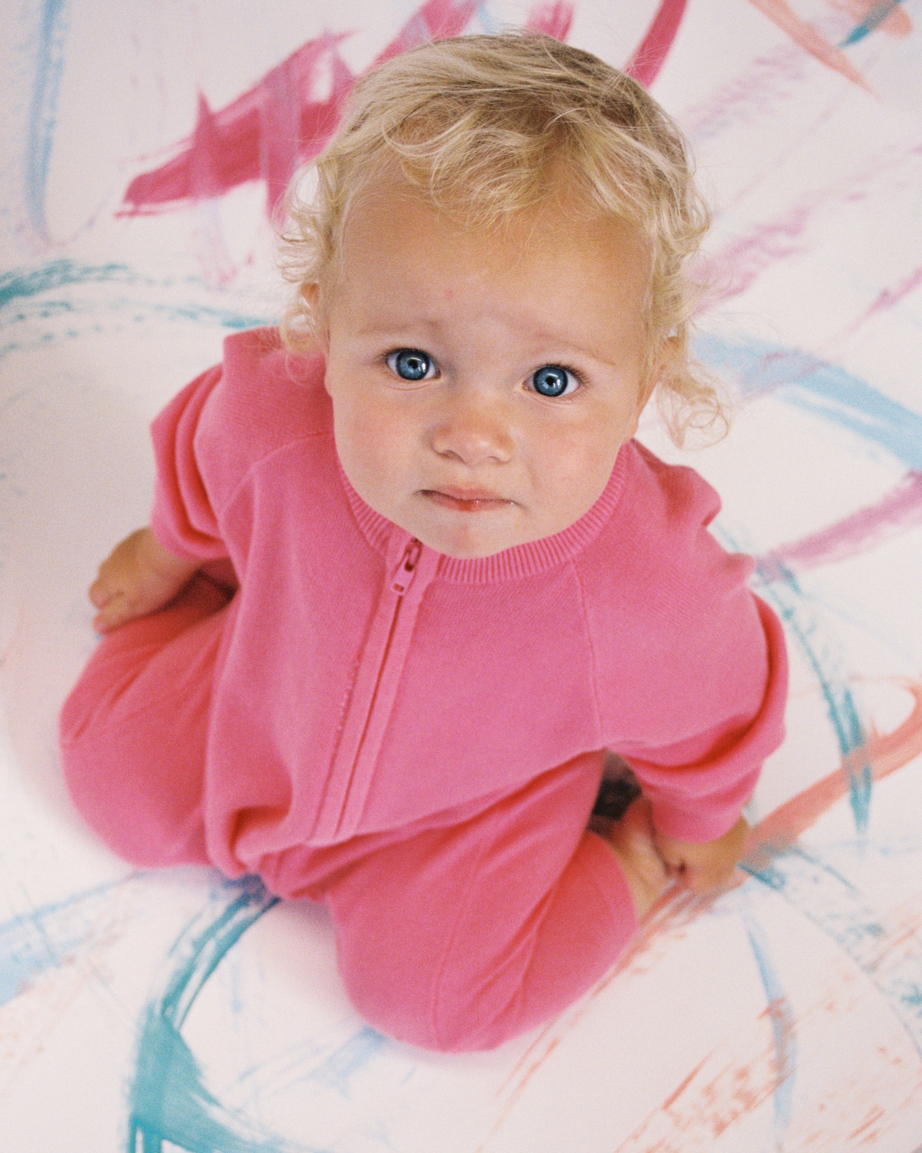 Organic Knit Zipper Starsuit - Bright Sorbet