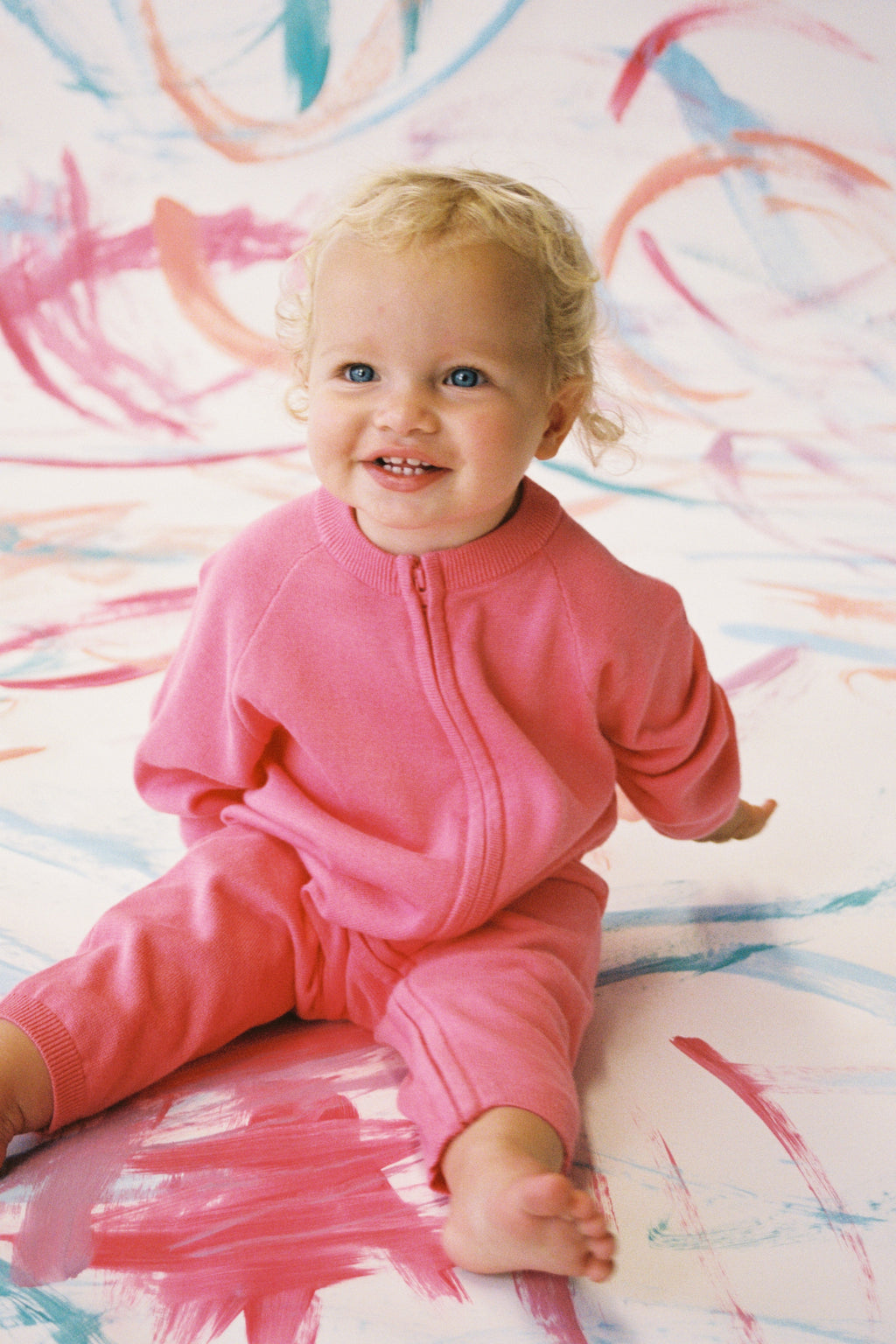 Organic Knit Zip Starsuit - Bright Sorbet