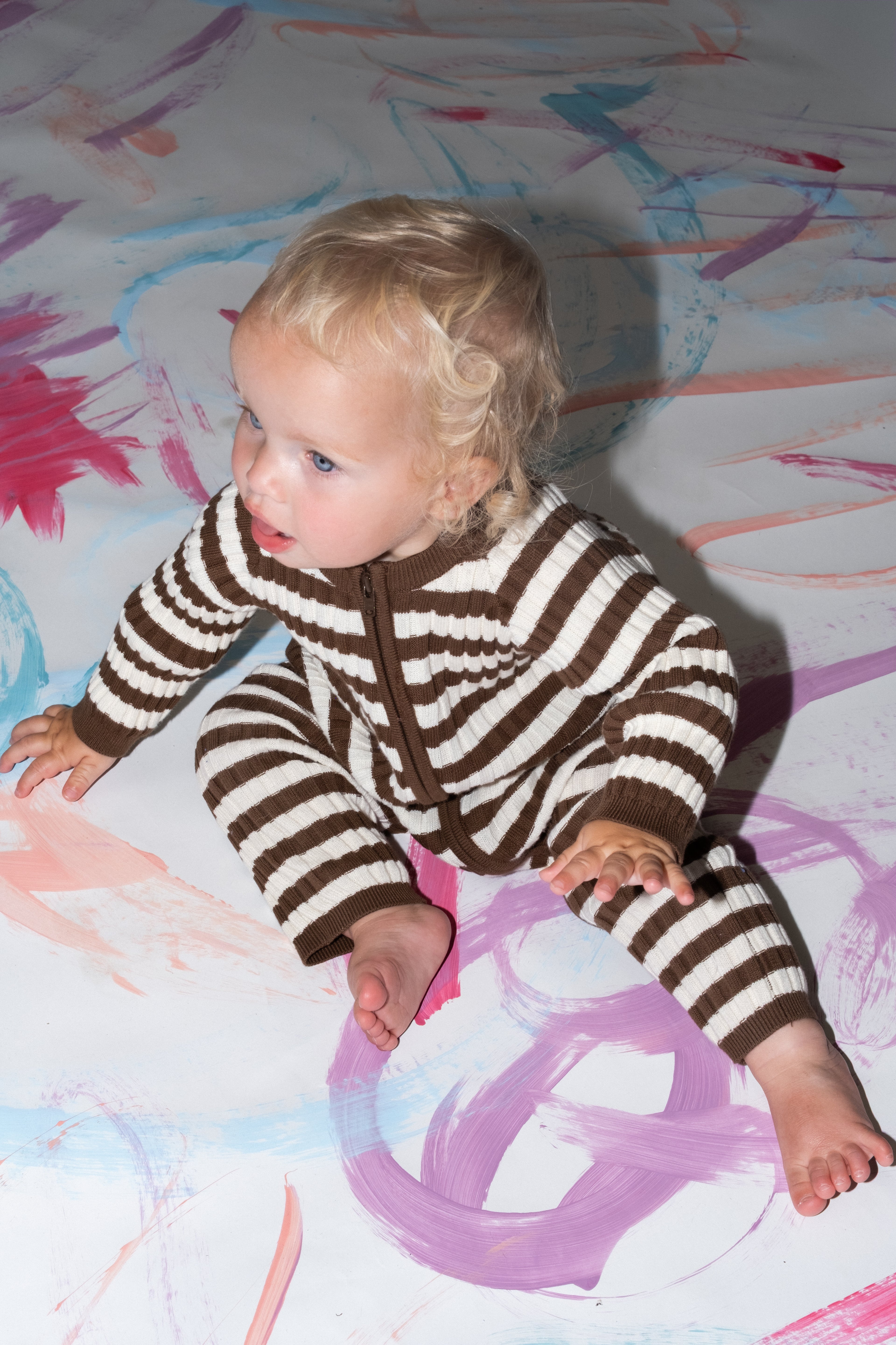 Organic Rib Stripe Knit Zipper Jumpsuit - Espresso & Milk