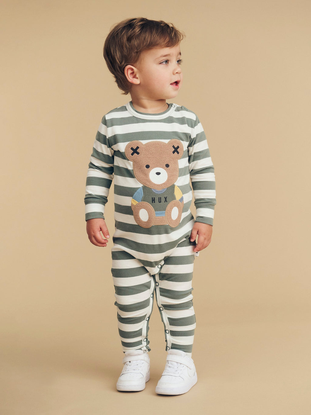 Teddy Hux Stripe Romper - Spruce + Almond