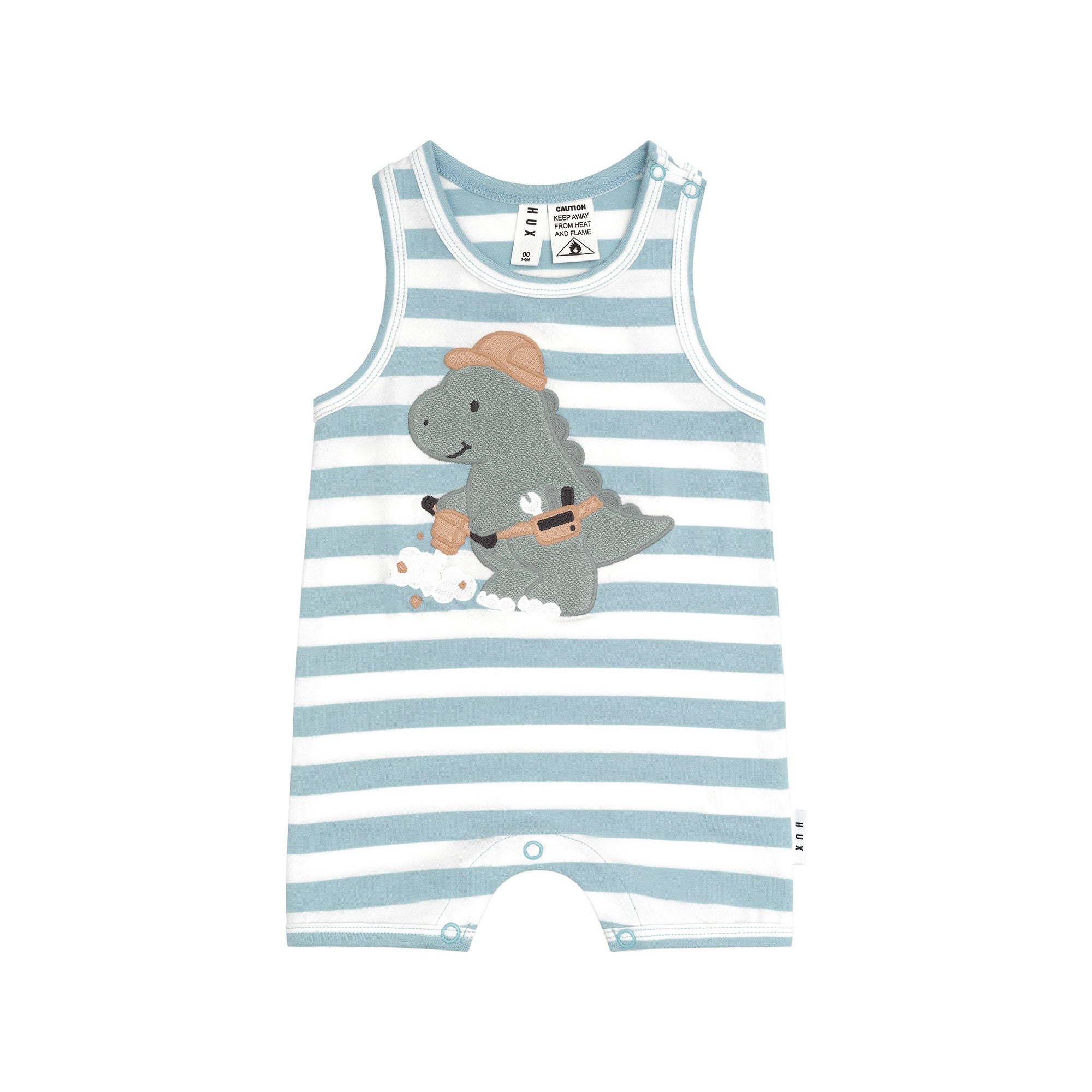 Construction Dino Stripe Sleeveless Romper - Marine Blue/Almond Milk