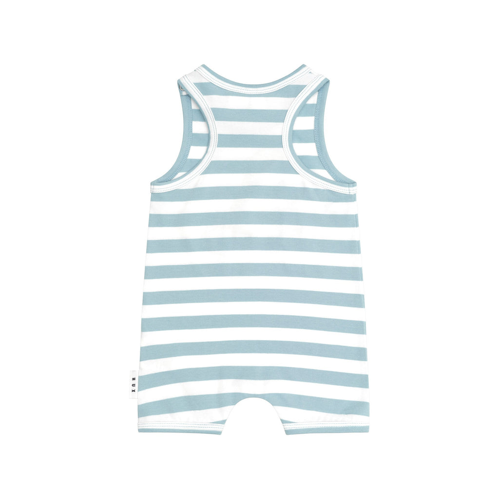 Construction Dino Stripe Sleeveless Romper - Marine Blue/Almond Milk