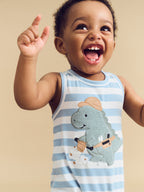 Construction Dino Stripe Sleeveless Romper - Marine Blue/Almond Milk