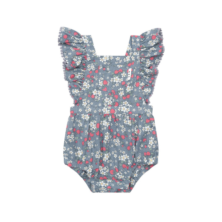 Huxbaby Vintage Strawberry Frill Playsuit - Dusty Blue