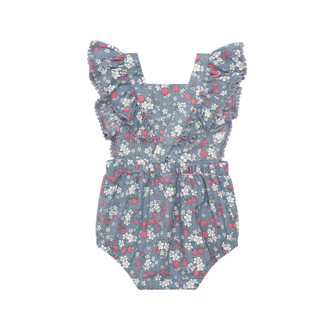 Huxbaby Vintage Strawberry Frill Playsuit - Dusty Blue