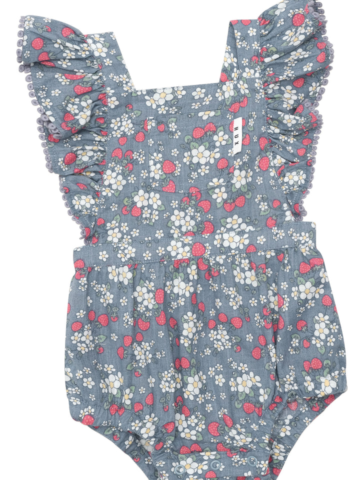 Huxbaby Vintage Strawberry Frill Playsuit - Dusty Blue