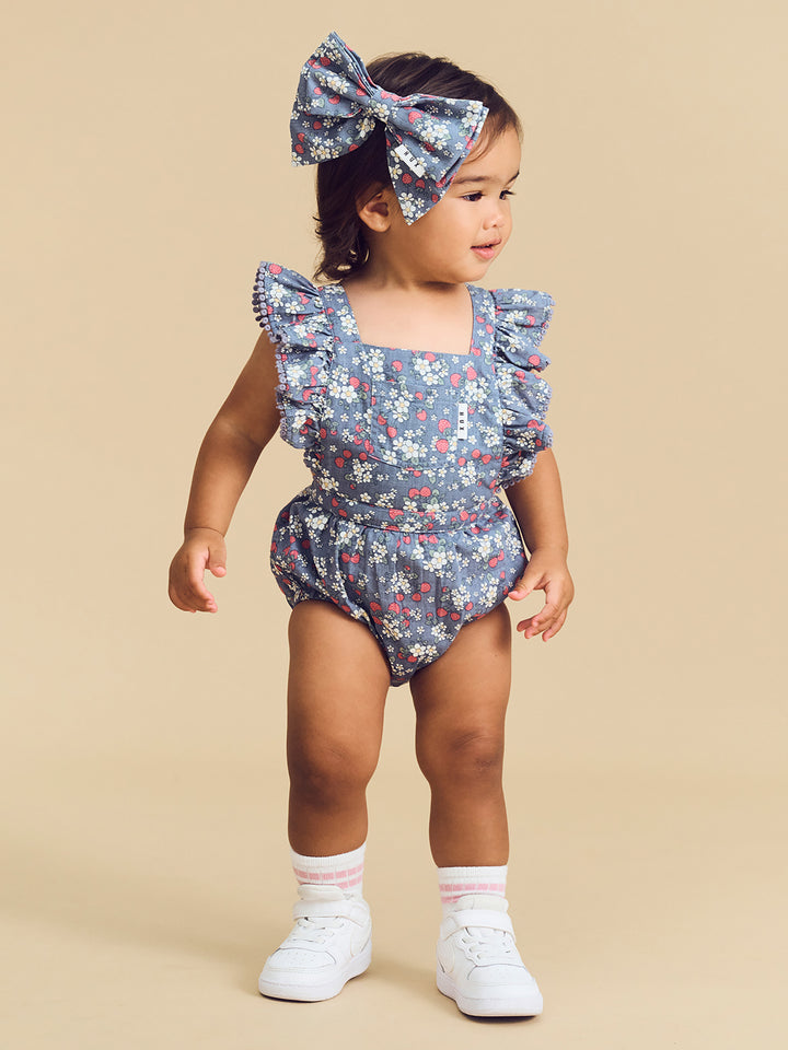 Huxbaby Vintage Strawberry Frill Playsuit - Dusty Blue