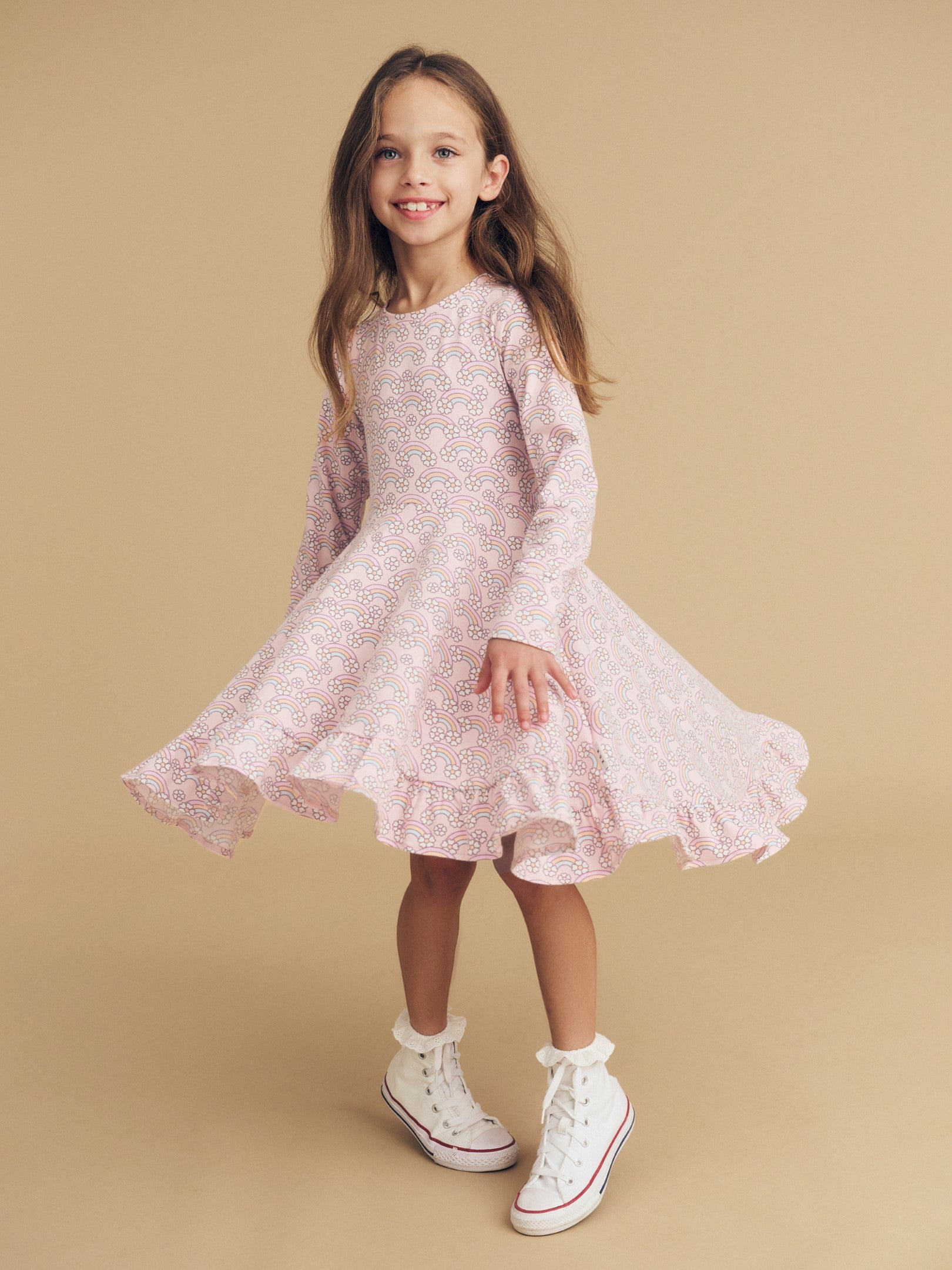 Flowerbow Long Sleeve Swing Dress - Pink Pearl