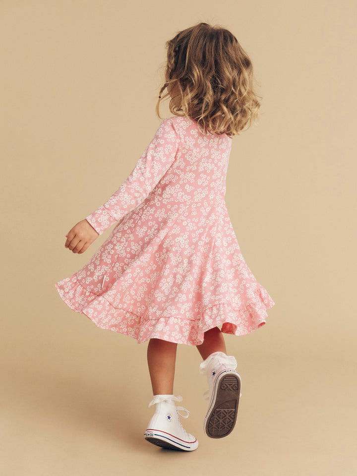 Huxbaby Peek A Boo Bunny Long Sleeve Swing Dress - Dusty Rose