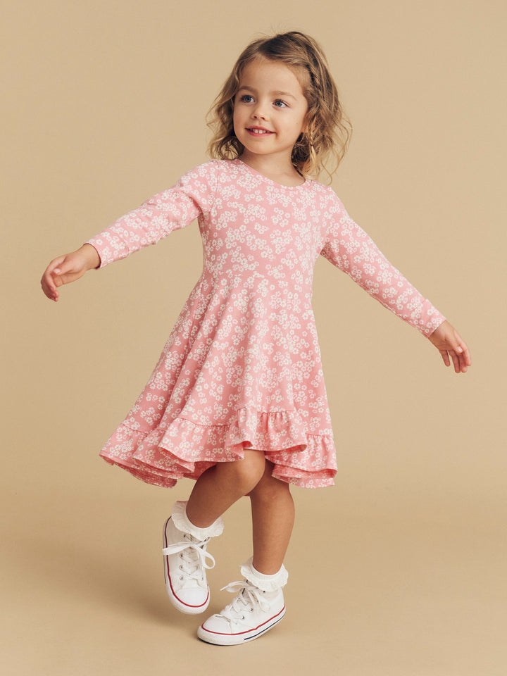 Huxbaby Peek A Boo Bunny Long Sleeve Swing Dress - Dusty Rose