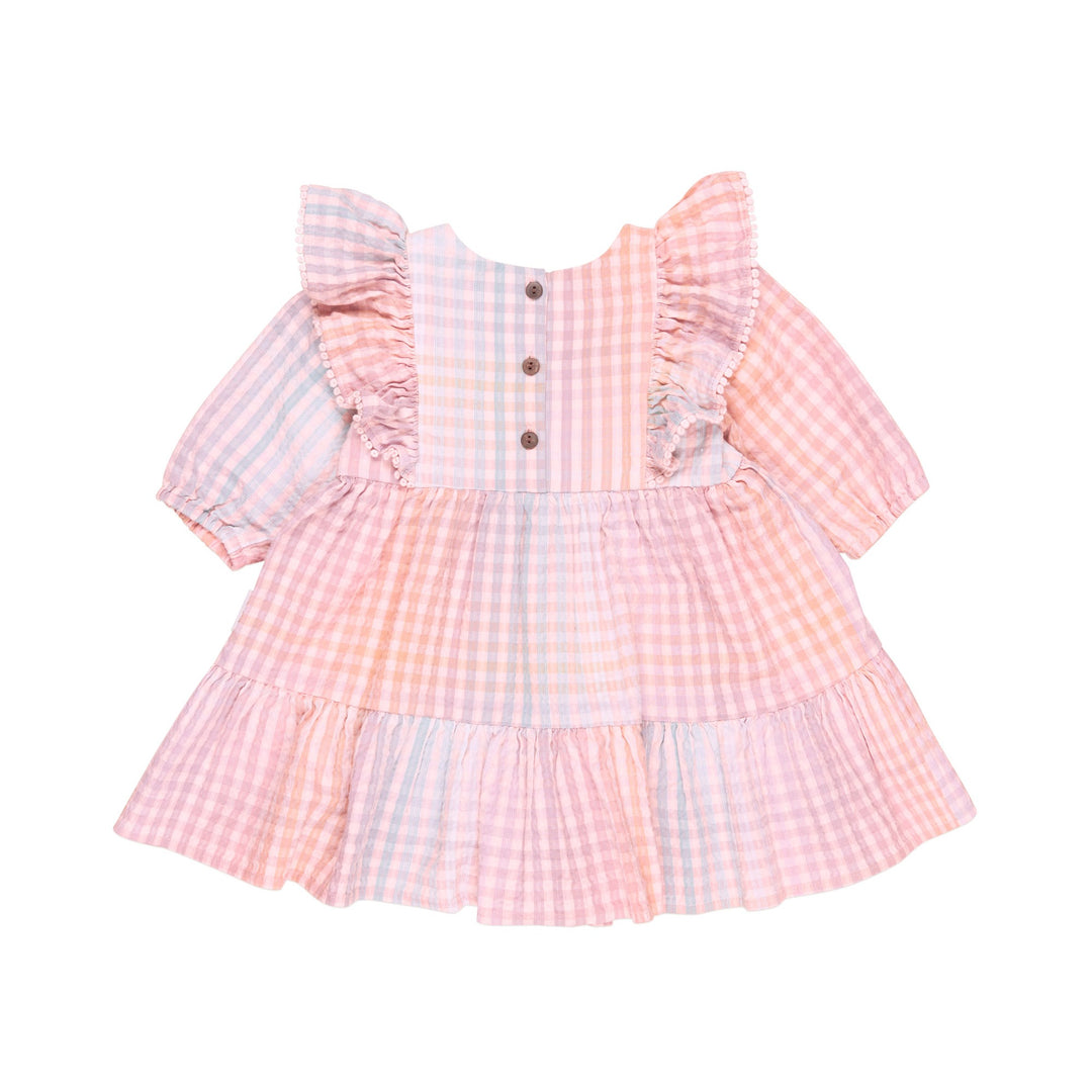 Huxbaby Frill Long Sleeve Dress - Rainbow Check