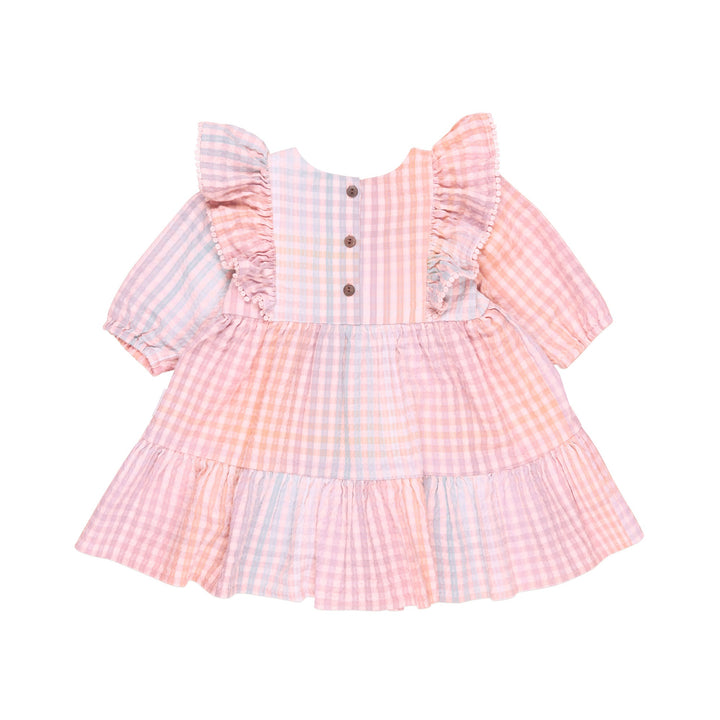 Huxbaby Frill Long Sleeve Dress - Rainbow Check