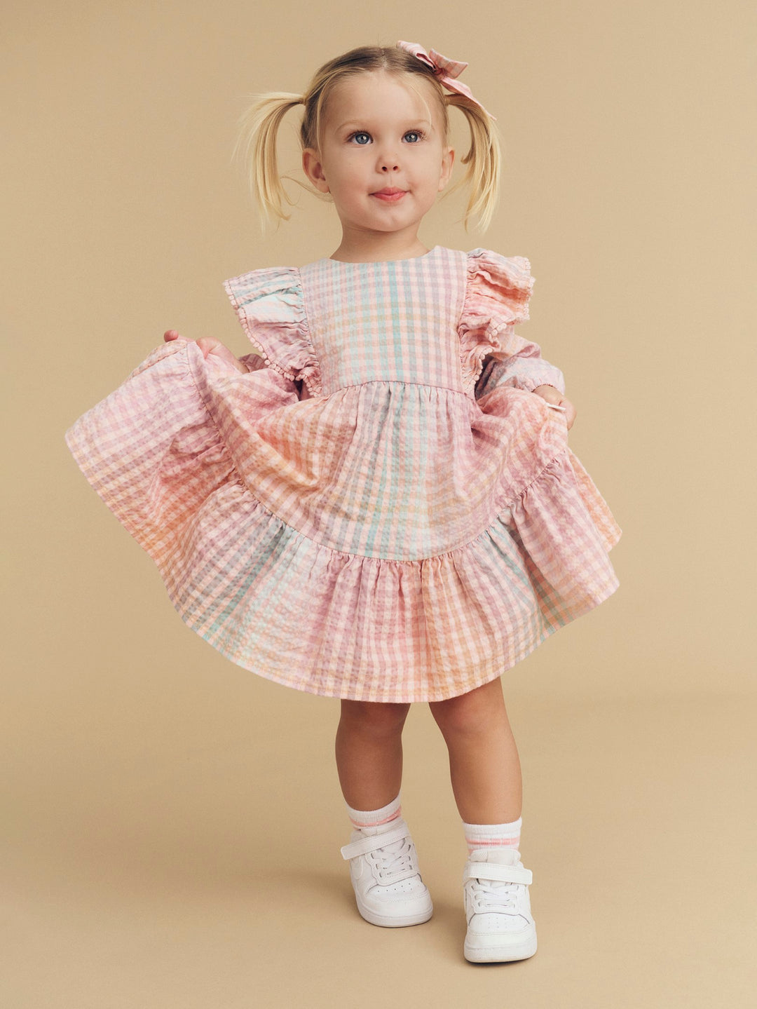 Huxbaby Frill Long Sleeve Dress - Rainbow Check