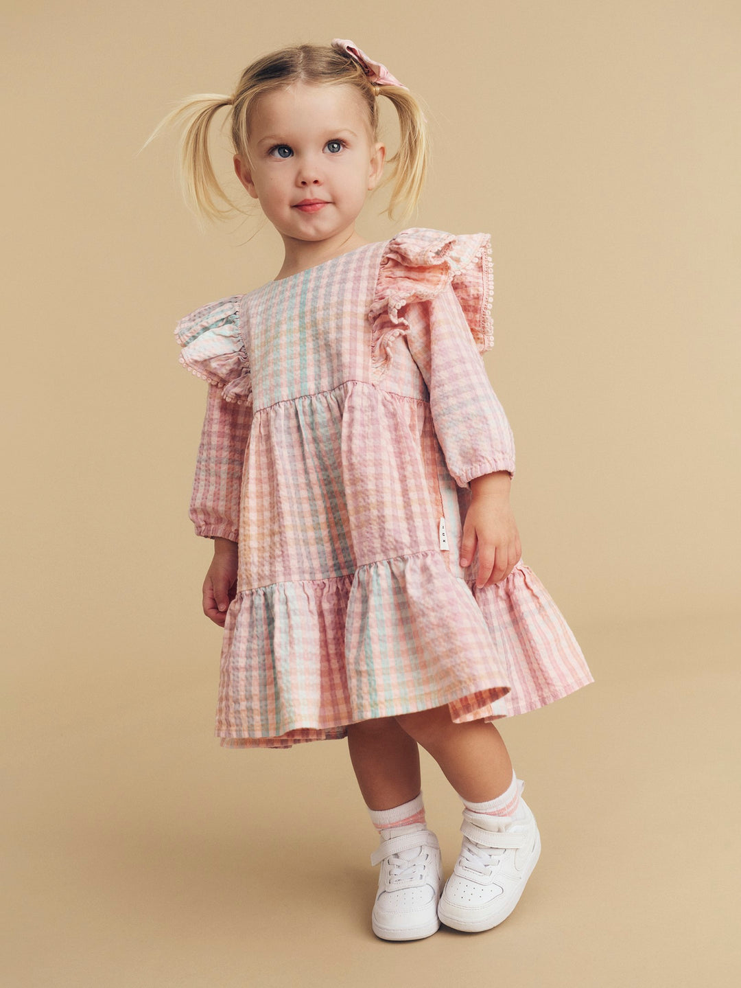 Huxbaby Frill Long Sleeve Dress - Rainbow Check