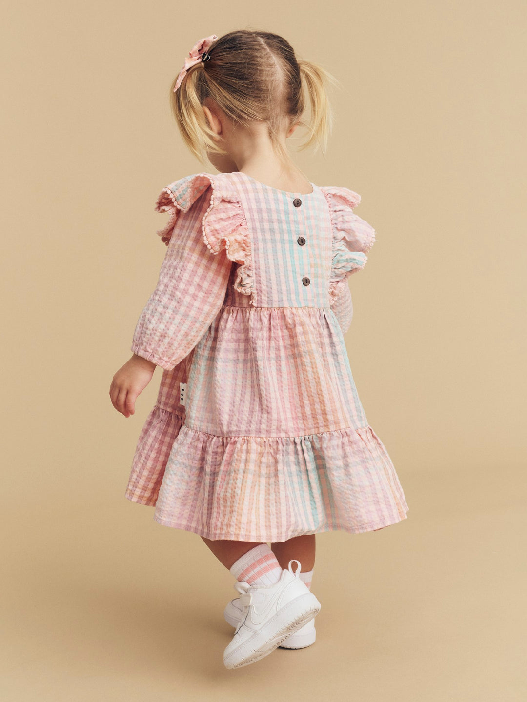 Huxbaby Frill Long Sleeve Dress - Rainbow Check