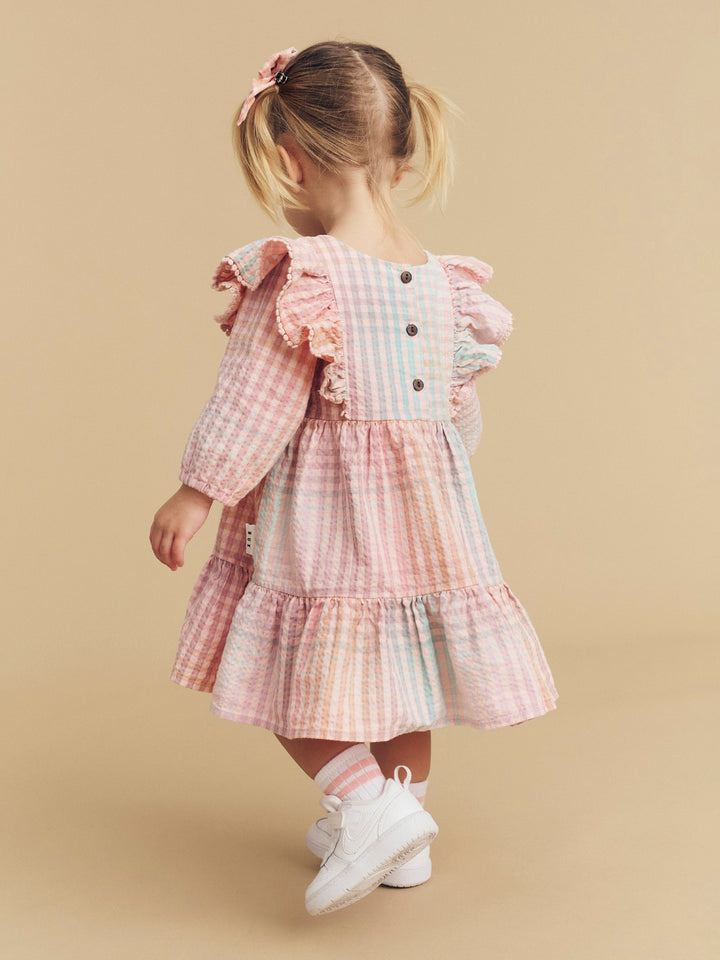 Huxbaby Frill Long Sleeve Dress - Rainbow Check