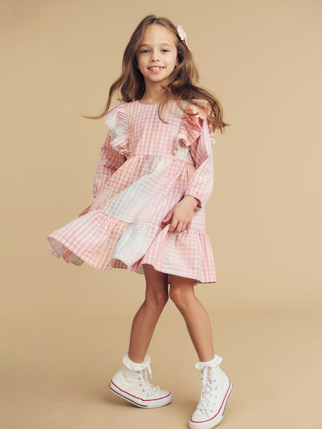 Huxbaby Frill Long Sleeve Dress - Rainbow Check