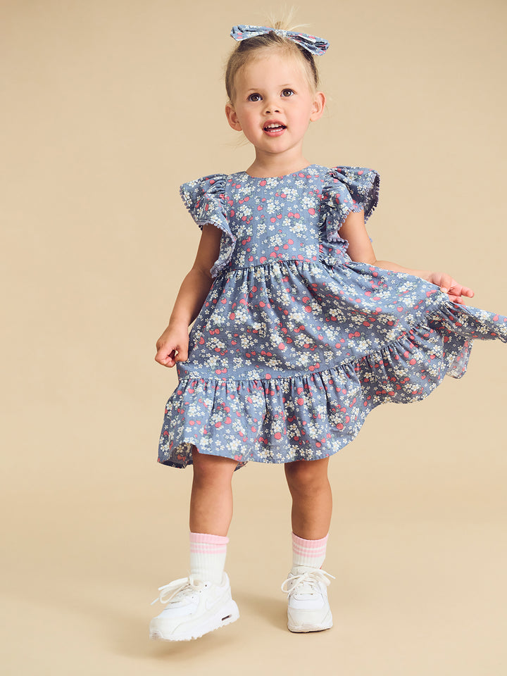 Huxbaby Vintage Strawberry Frill Dress - Dusty Blue
