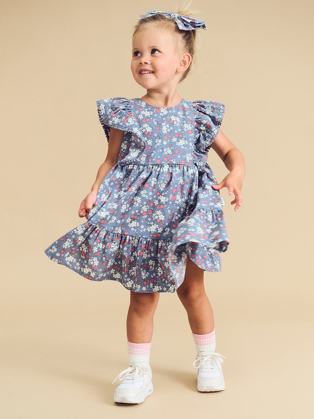 Vintage Strawberry Frill Dress - Dusty Blue