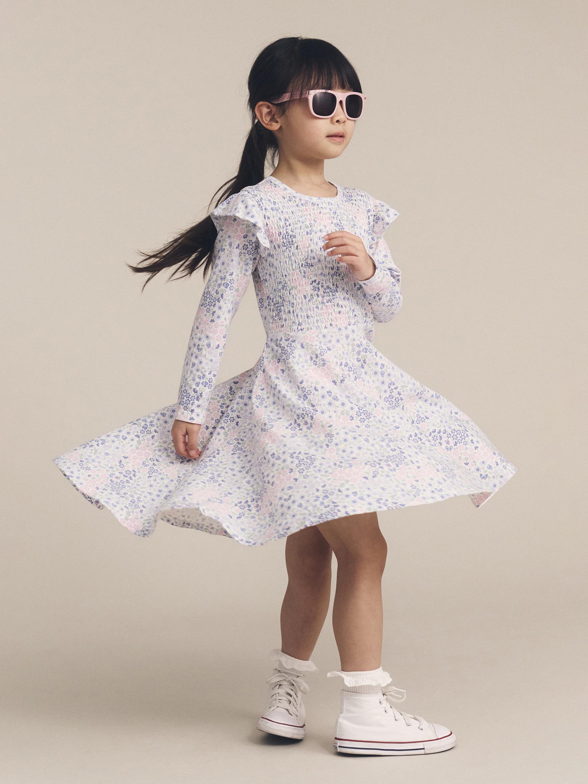 Huxbaby Flower Garden Shirred Long Sleeve Dress