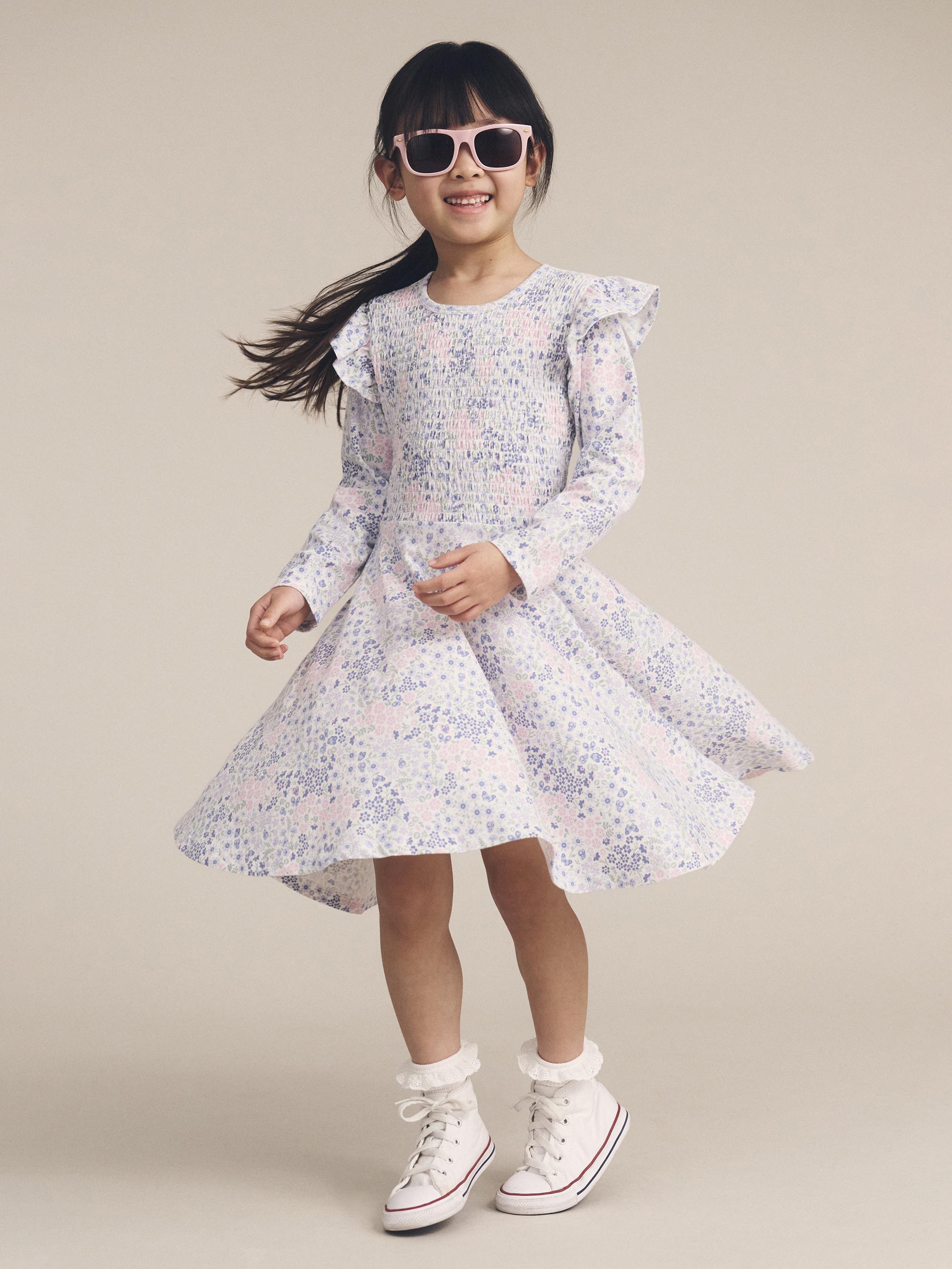 Huxbaby Flower Garden Shirred Long Sleeve Dress