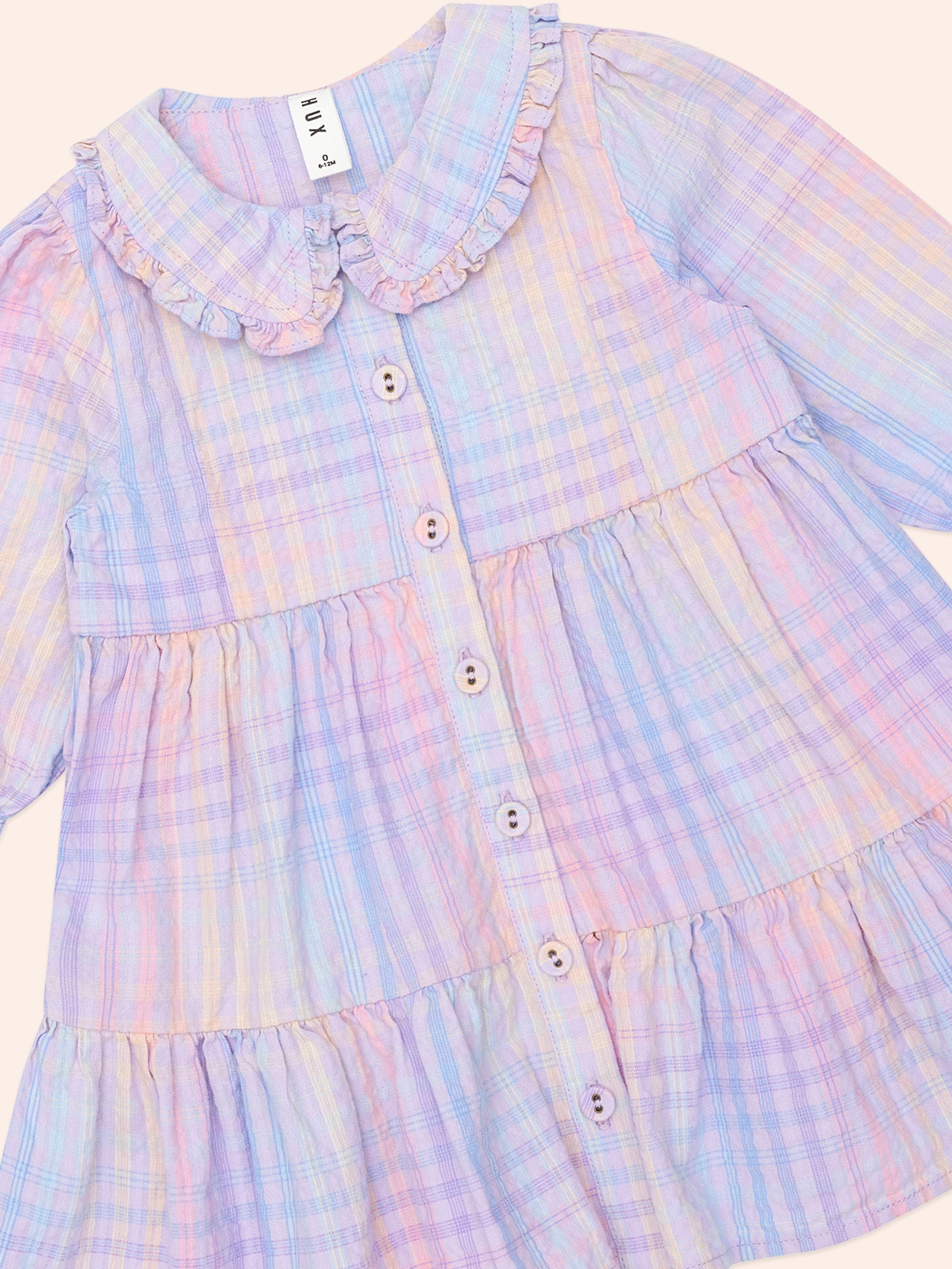 Huxbaby Rainbow Check Long Sleeve Frill Dress