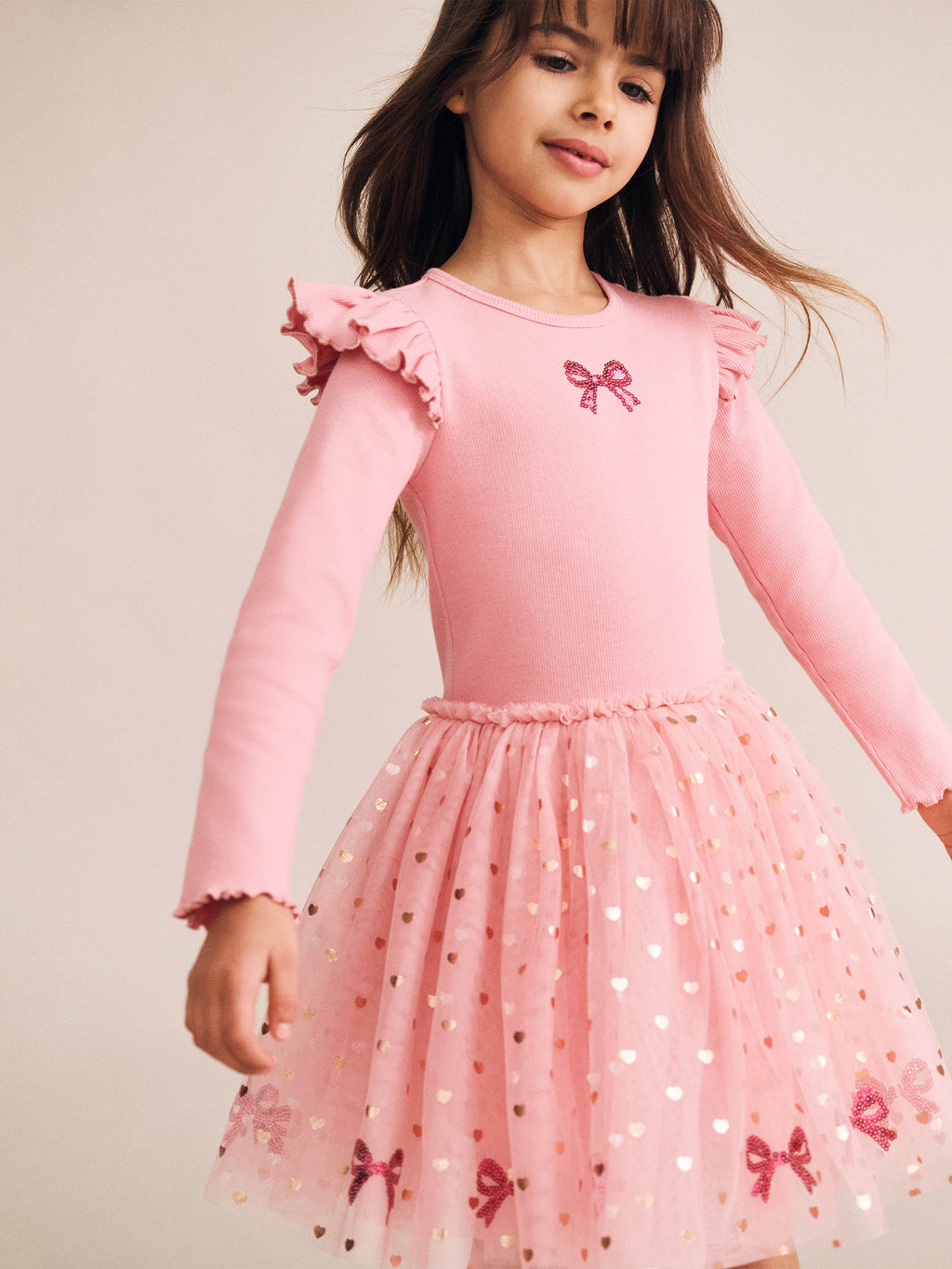 Sequin Bow Tulle Dress - Dusty Pink