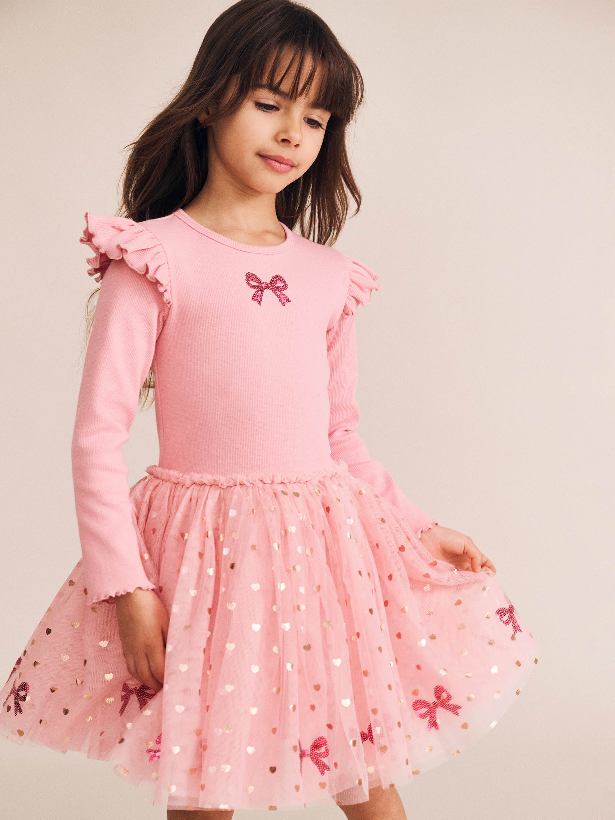 Sequin Bow Tulle Dress - Dusty Pink