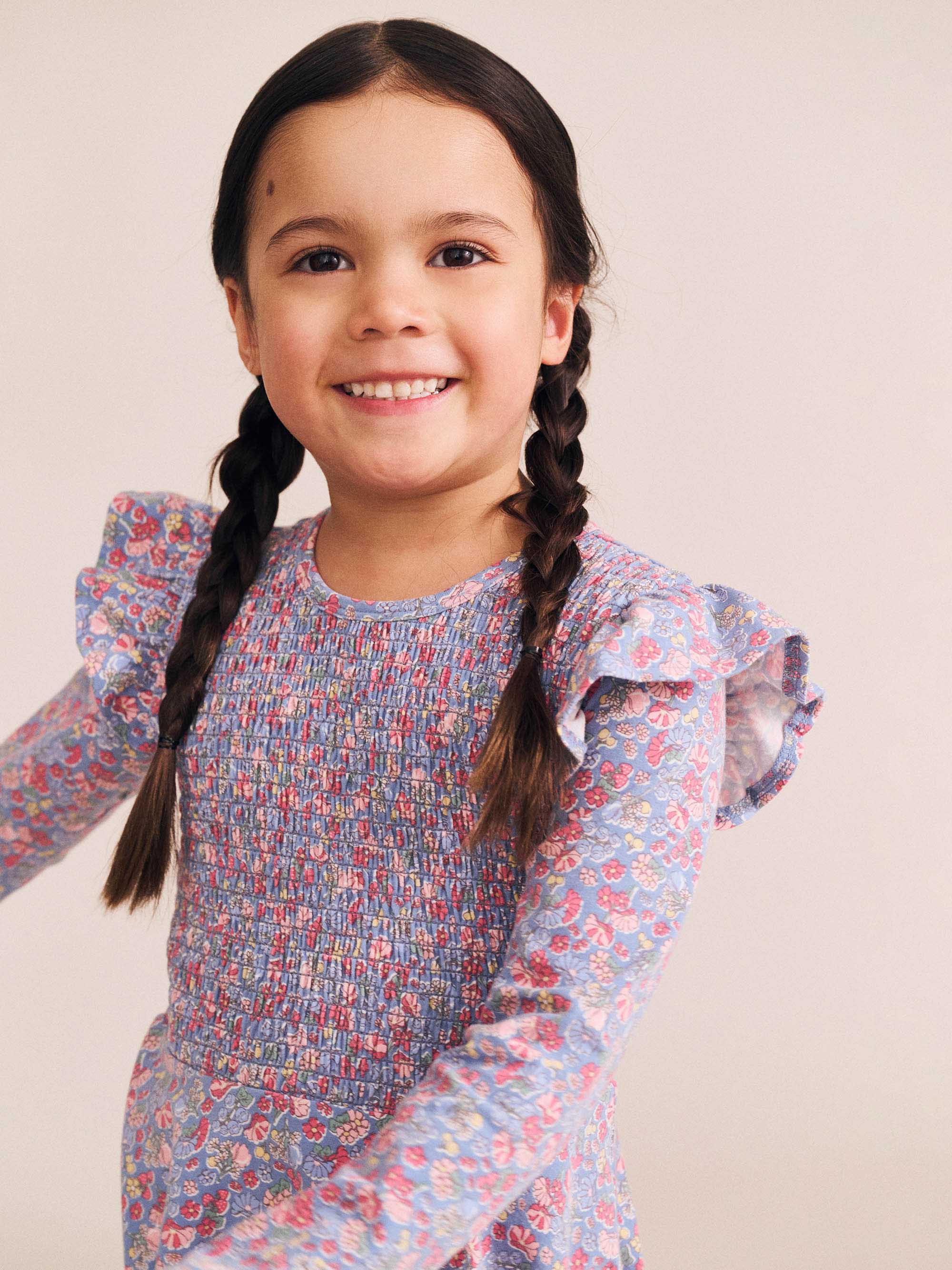 Vintage Floral Shirred Long Sleeve Dress