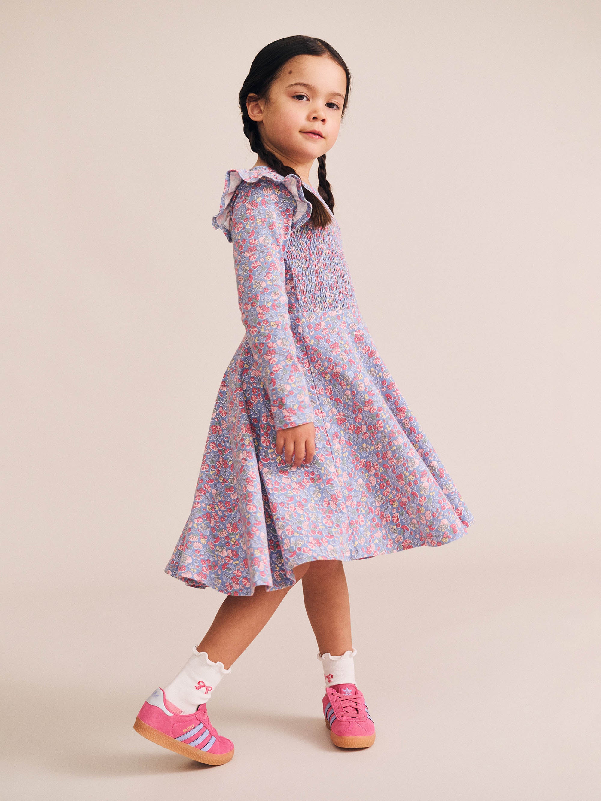 Vintage Floral Shirred Long Sleeve Dress