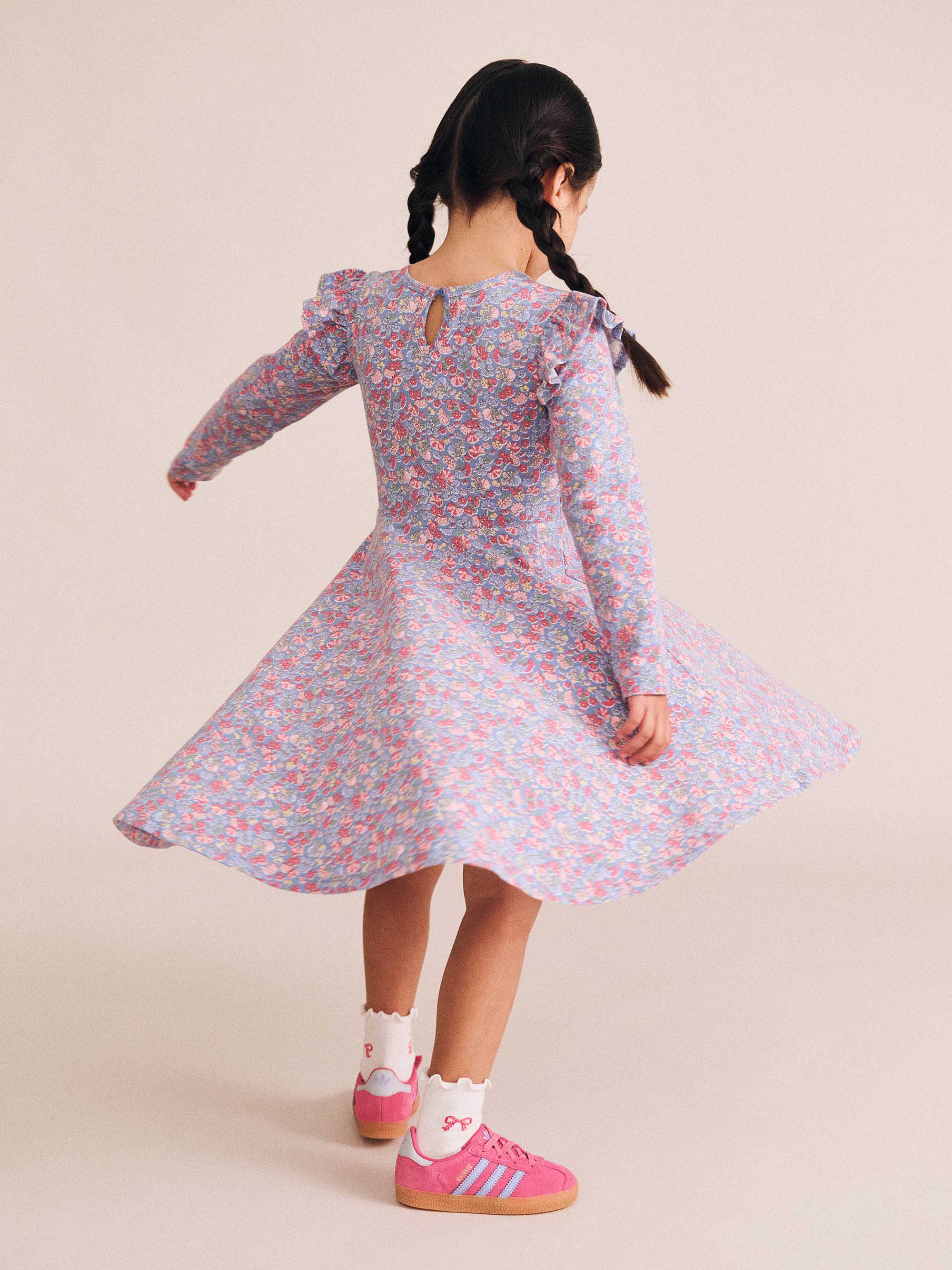 Vintage Floral Shirred Long Sleeve Dress