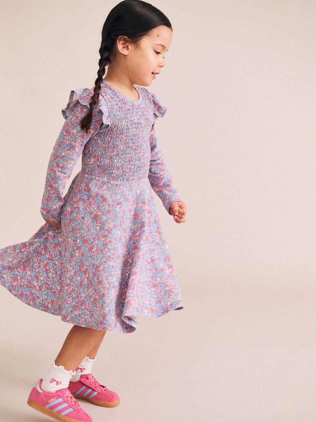 Vintage Floral Shirred Long Sleeve Dress