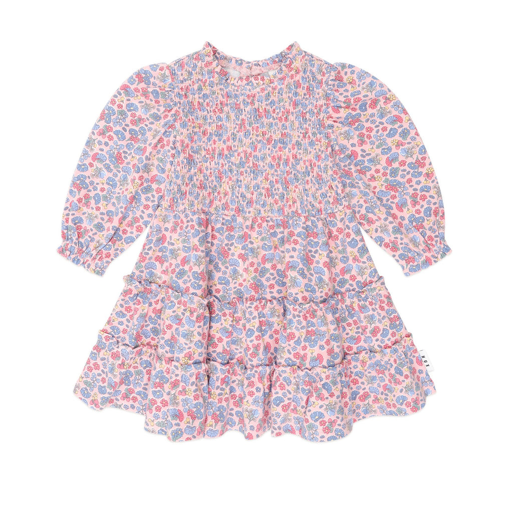 Vintage Floral Puff Long Sleeve Shirred Dress