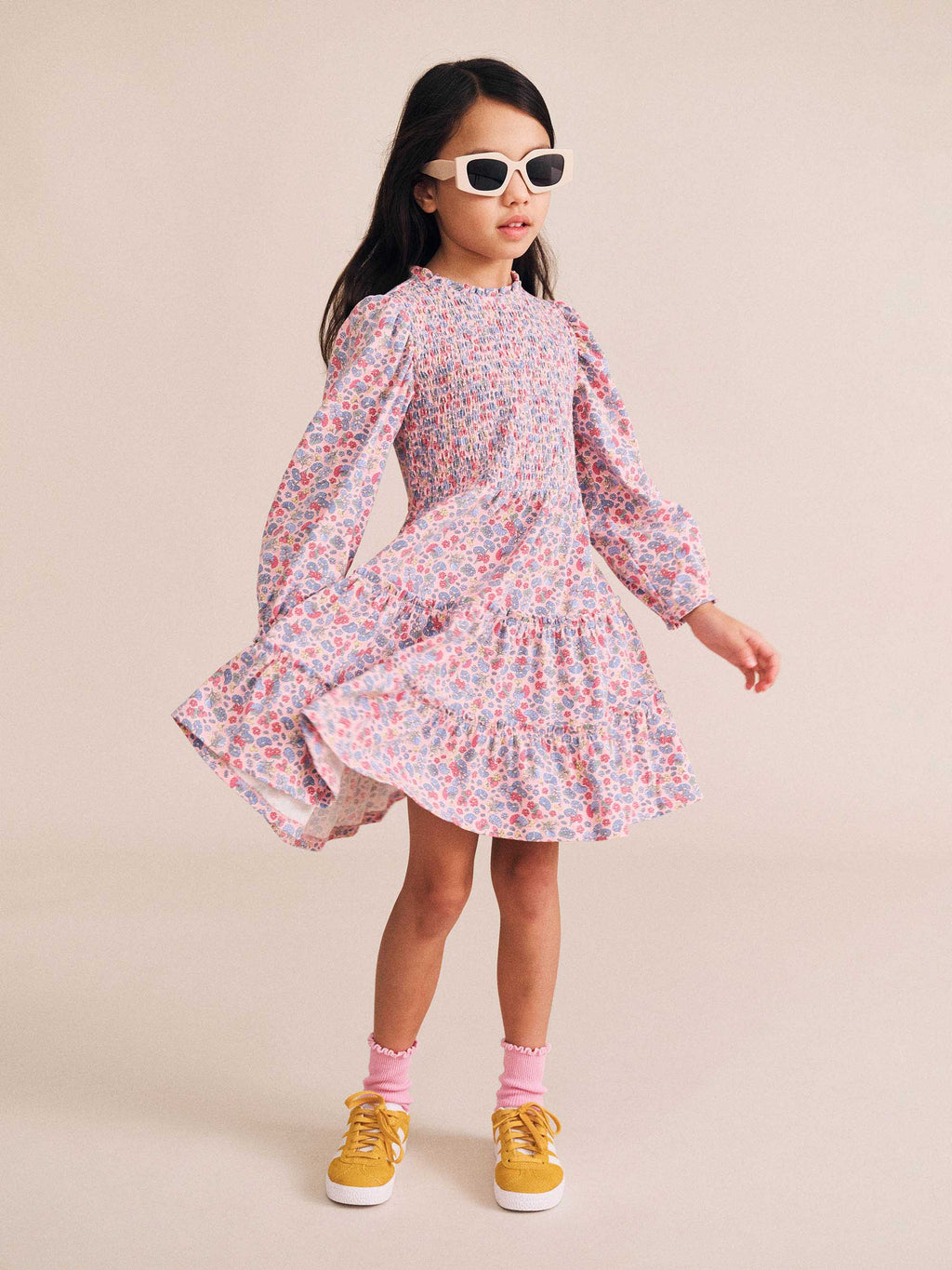 Vintage Floral Puff Long Sleeve Shirred Dress