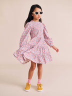 Vintage Floral Puff Long Sleeve Shirred Dress