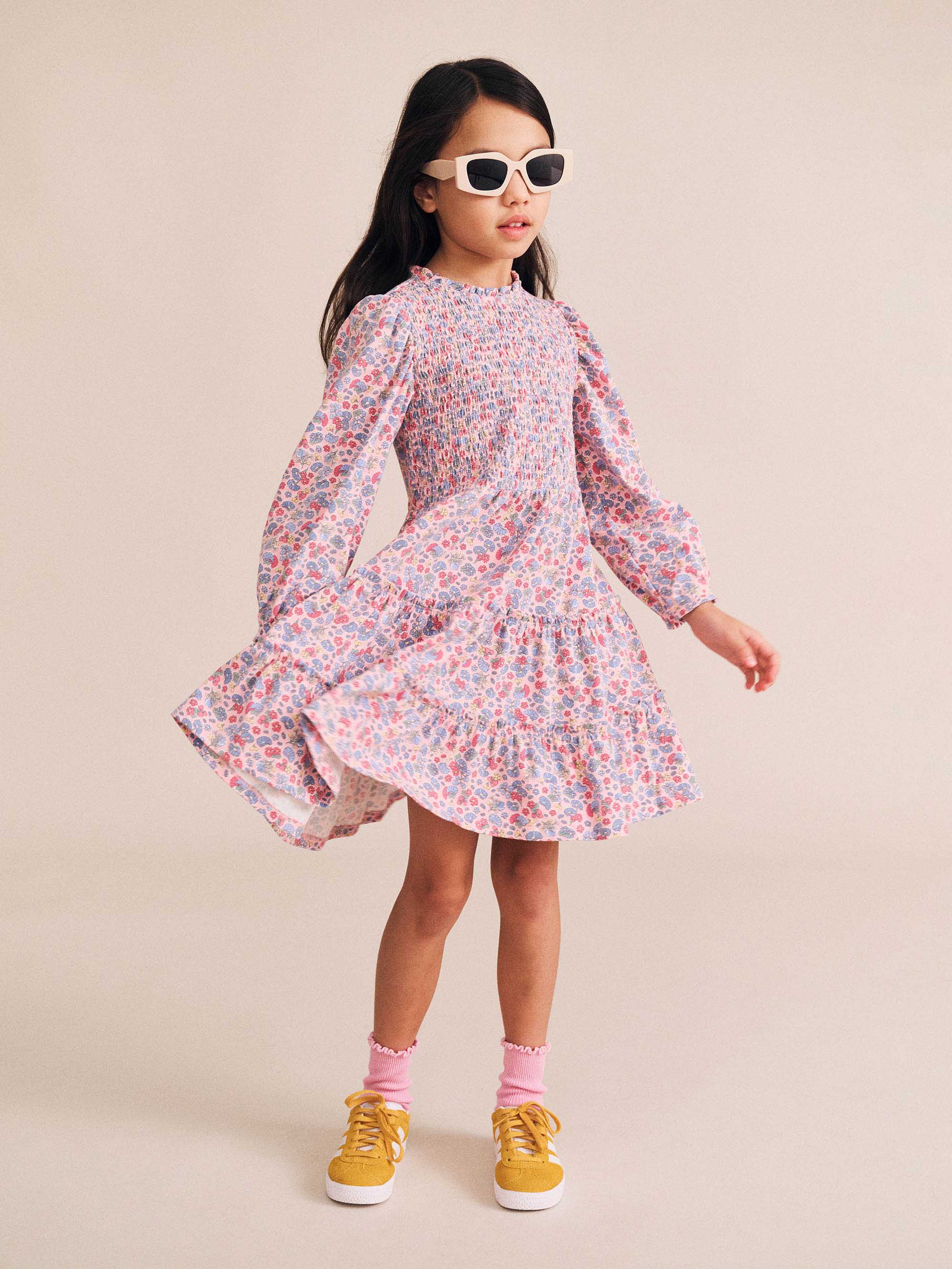Vintage Floral Puff Long Sleeve Shirred Dress