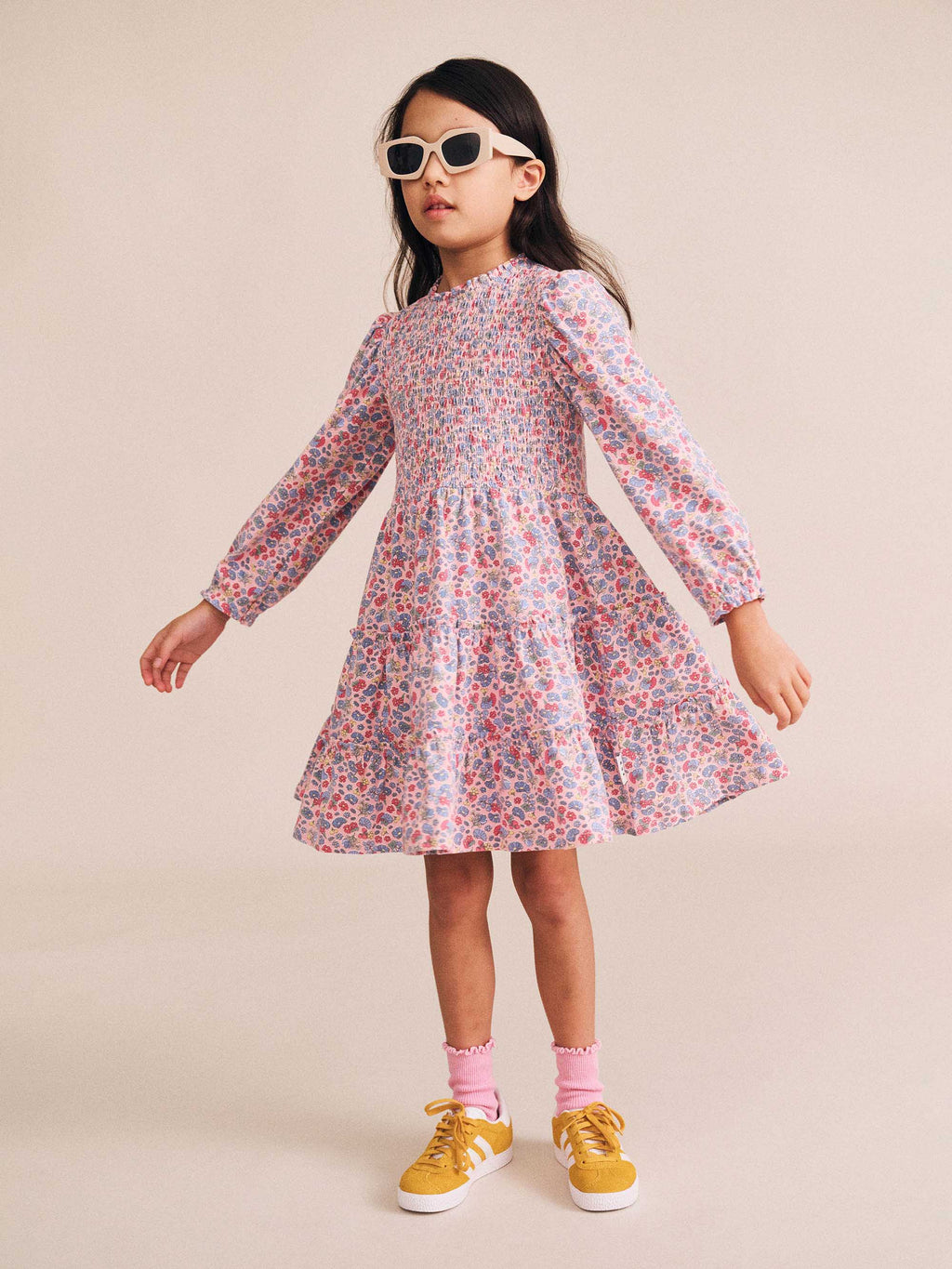 Vintage Floral Puff Long Sleeve Shirred Dress