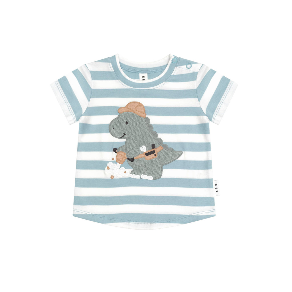 Huxbaby Construction Dino Stripe T-Shirt - Marine Blue/Almond Milk