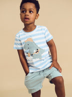 Construction Dino Stripe T-Shirt - Marine Blue/Almond Milk