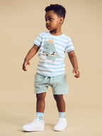 Construction Dino Stripe T-Shirt - Marine Blue/Almond Milk