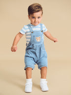 Construction Dino Stripe T-Shirt - Marine Blue/Almond Milk