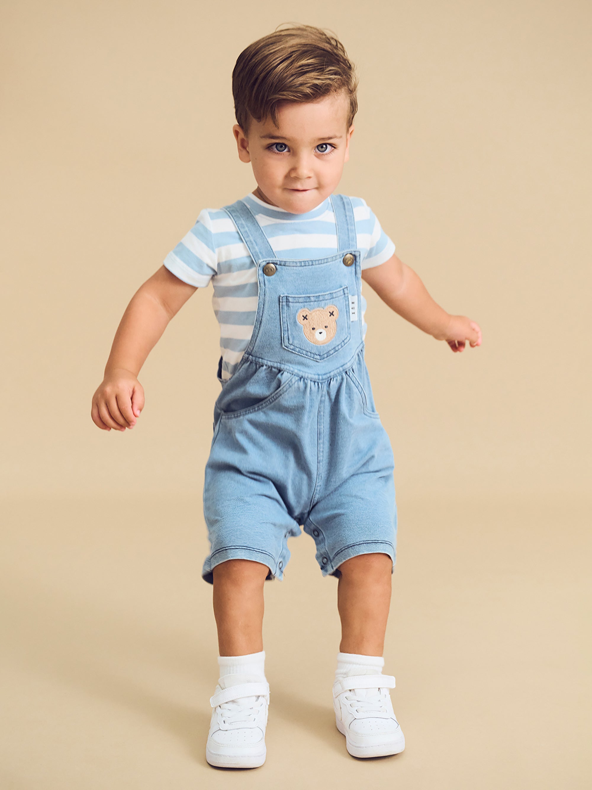 Huxbaby Construction Dino Stripe T-Shirt - Marine Blue/Almond Milk