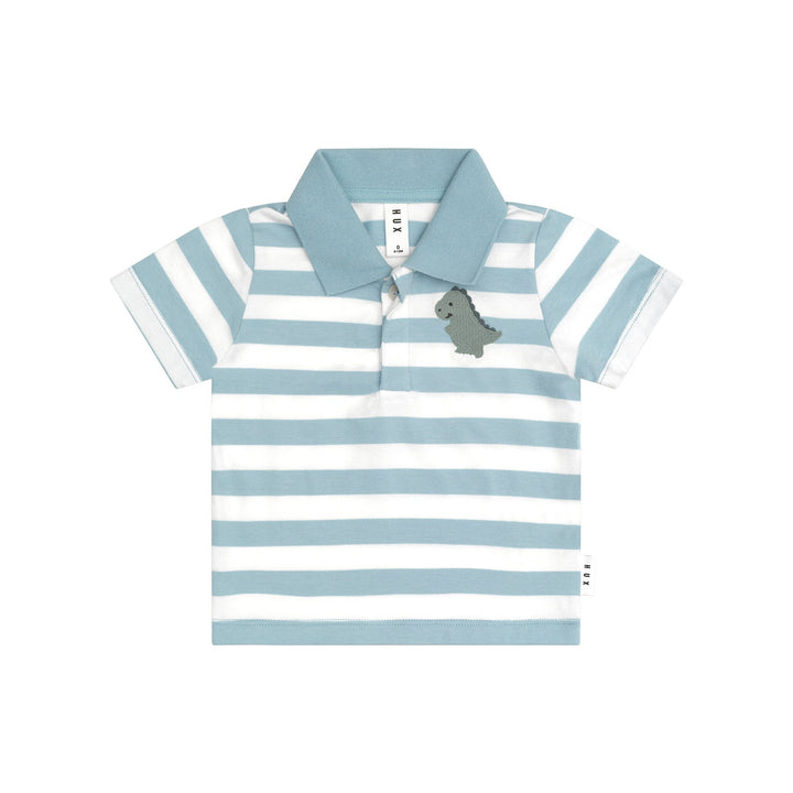 Huxbaby T-Rex Stripe Polo T-Shirt - Marine Blue/Almond Milk