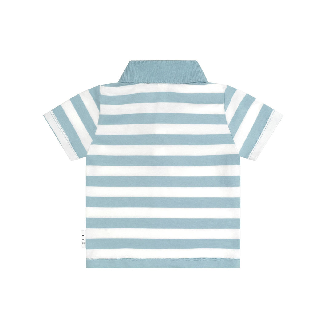 Huxbaby T-Rex Stripe Polo T-Shirt - Marine Blue/Almond Milk