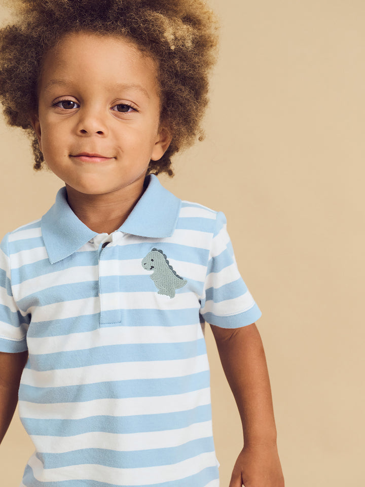 Huxbaby T-Rex Stripe Polo T-Shirt - Marine Blue/Almond Milk